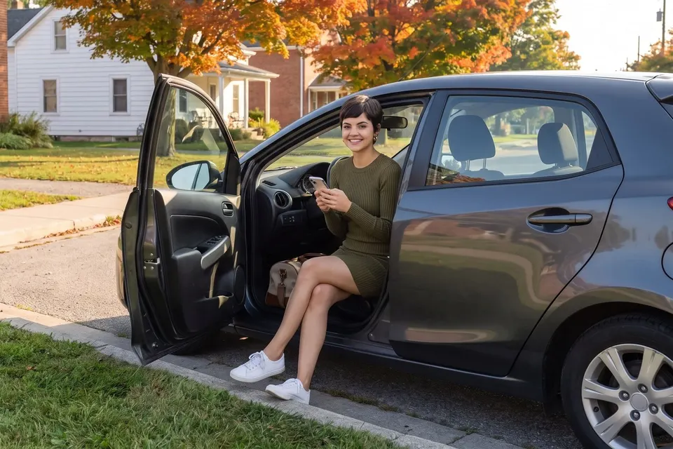 Woman in an open car door on a quiet street