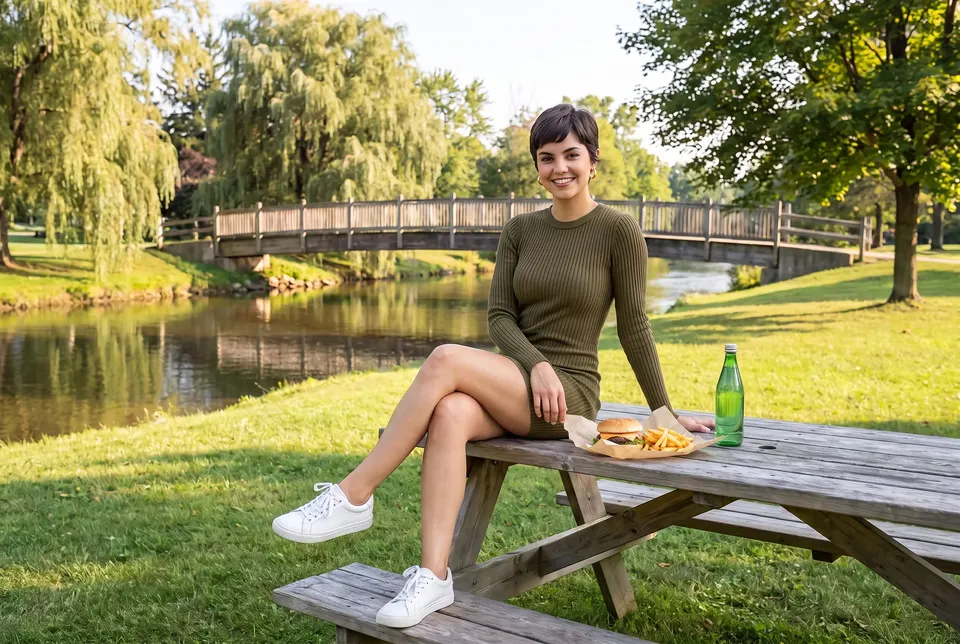 Woman with a burger at a riverside picnic table