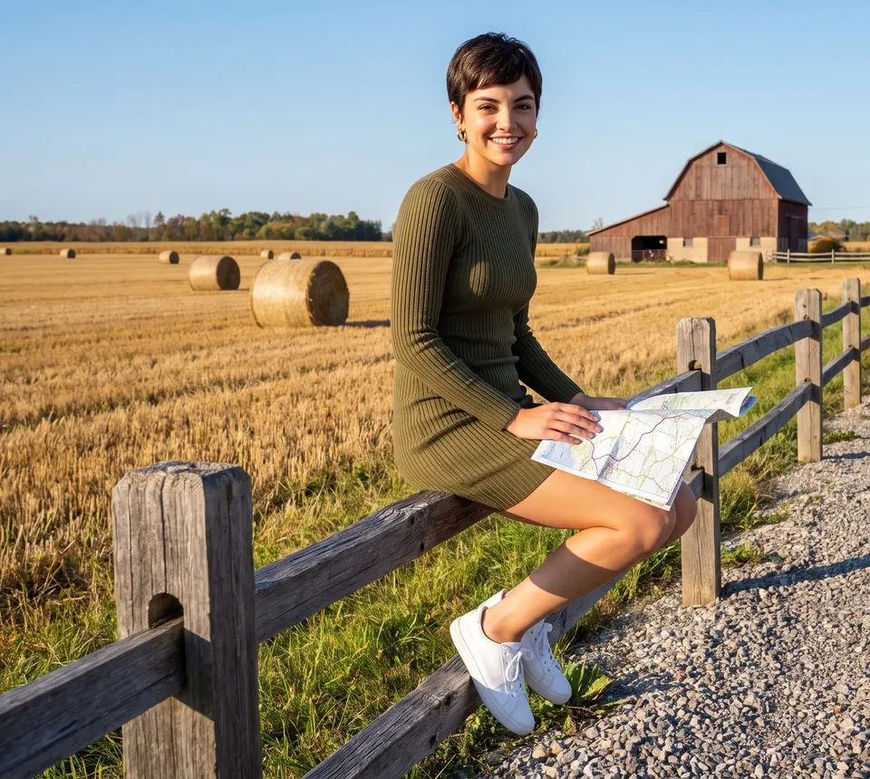 Young woman with a road map on a fence by fields
