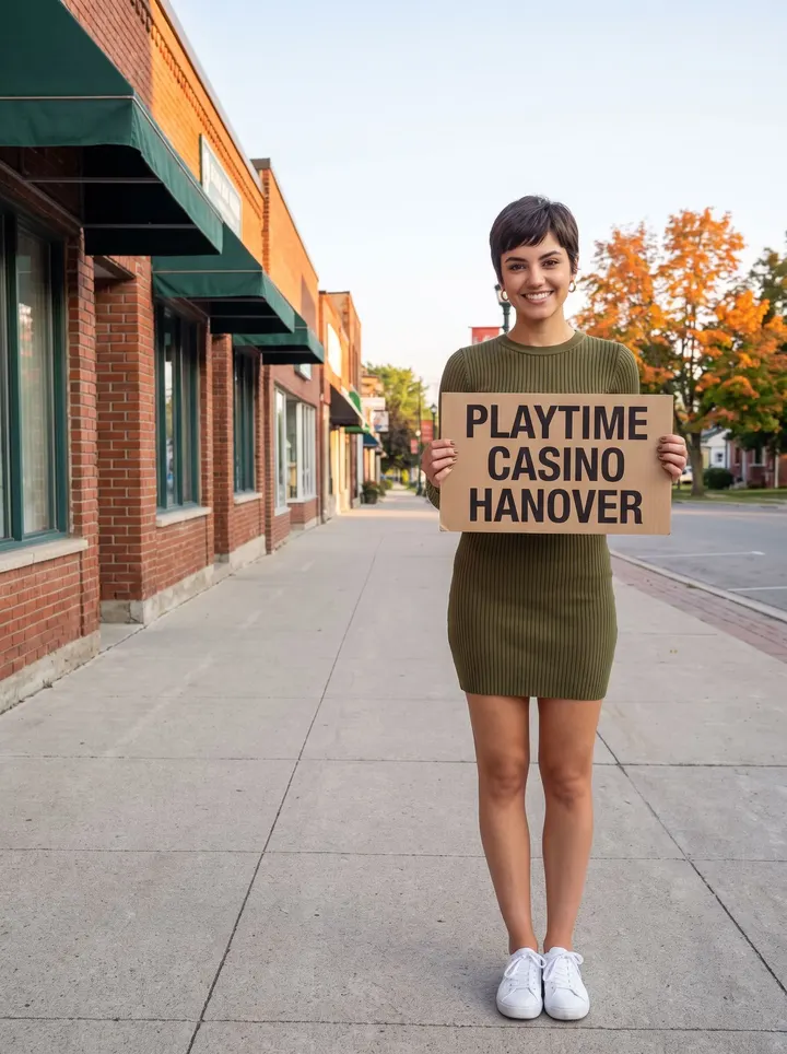 Young woman holding a Playtime Casino Hanover board